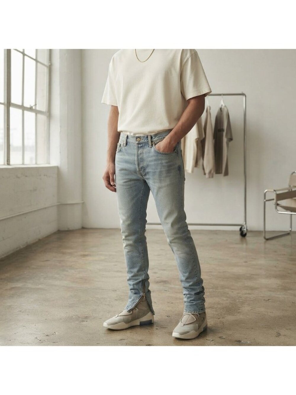 Fear of God Mainline Vintage Light Wash Denim Ankle Zip Jeans Made in USA 29